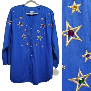 Vintage Bingo Bingo Star Embroidered Button-Up Shirt Plus Size 3x Blue